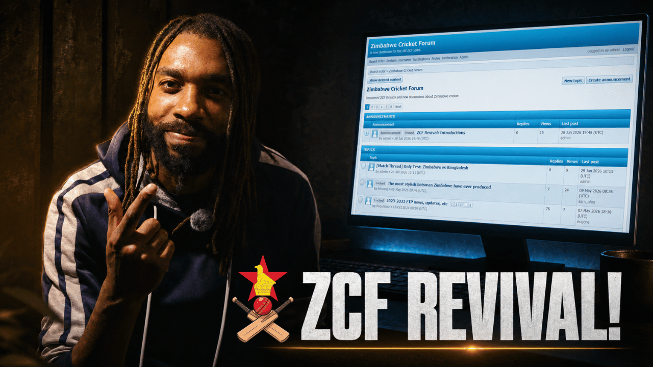 Takura Nyagumbo beside a computer screen showing Zimbabwe Cricket Forum, with the words ZCF Revival.