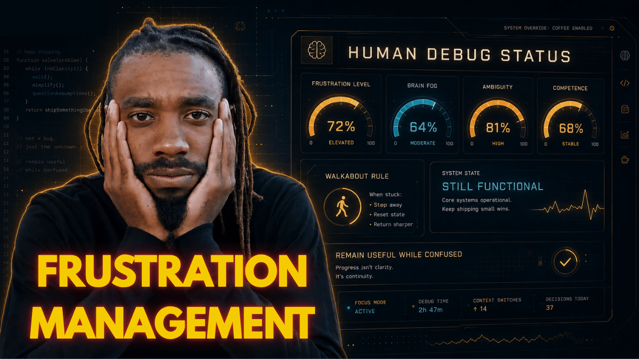 A dark neon-gold programmer graphic showing Takura Nyagumbo's frustrated face beside a futuristic "Human Debug Status" dashboard, representing programming frustration, mental overload and disciplined problem solving.