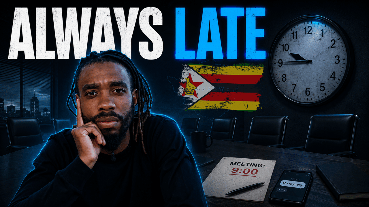 Documentary-style graphic about Zimbabwean punctuality, wasted time, broken systems, and the cost of lateness